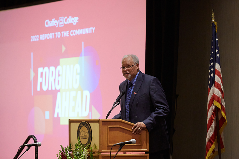 Chaffey College Superintendent/President Dr. Henry Shannon speaking at the podium.