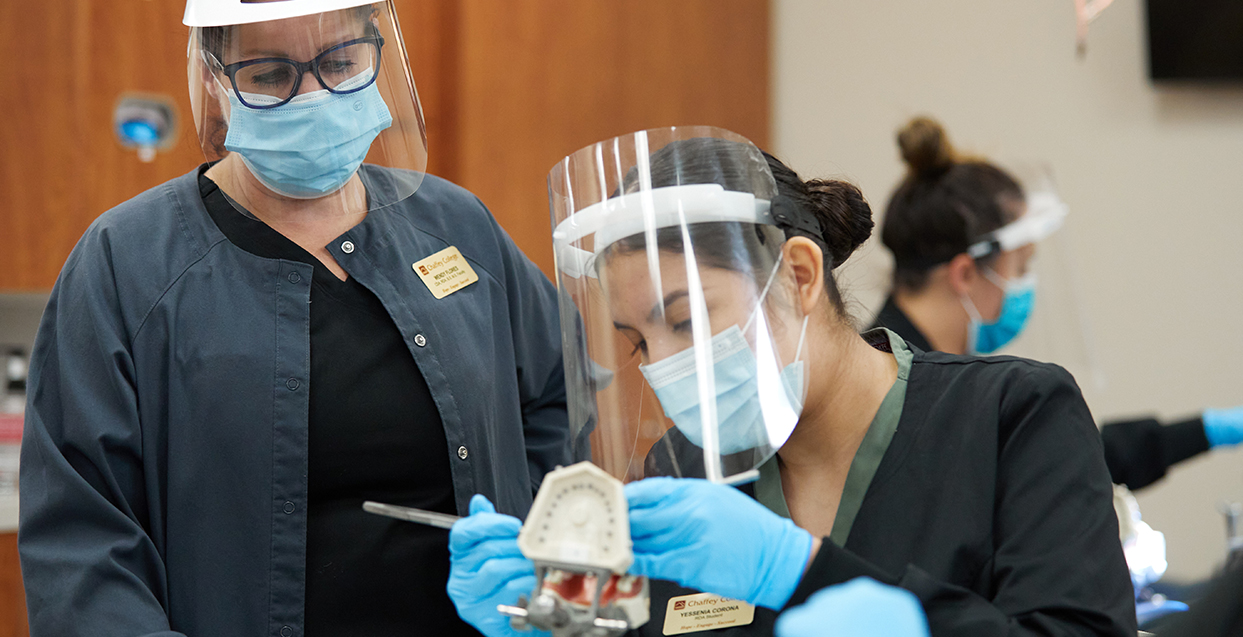 two students looking at a denture