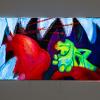 BAIT, “Worth in the Mouth of God,” 2024. Animation projected onto oil pastel and acrylic on canvas. 36 x 60 inches.