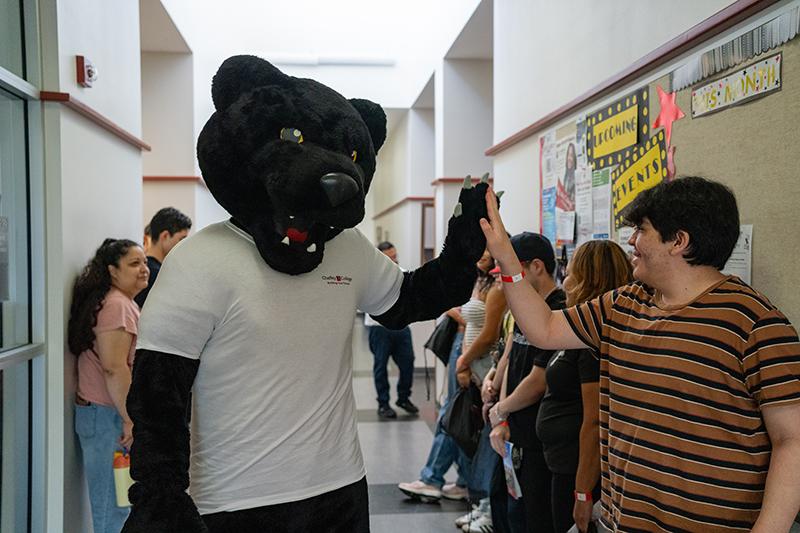 The Chaffey College Panther mascot high-fives a student in a lively campus hallway.