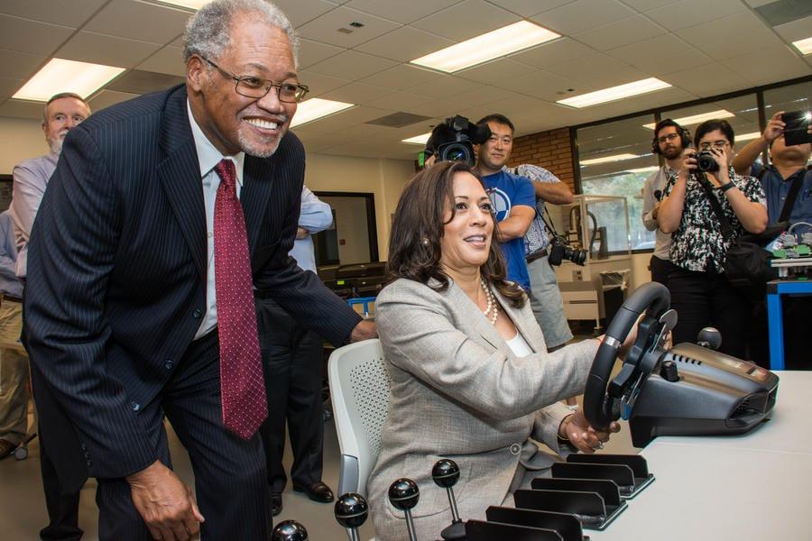Dr. Henry Shannon and then-U.S. Senator Kamala Harris test a driving simulator at Chaffey College InTech Center in 2017.