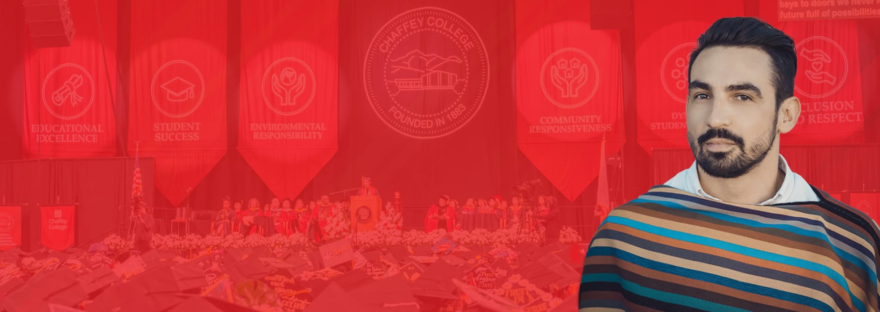 portrait of Moisés Zamora layered on a commencement ceremony image