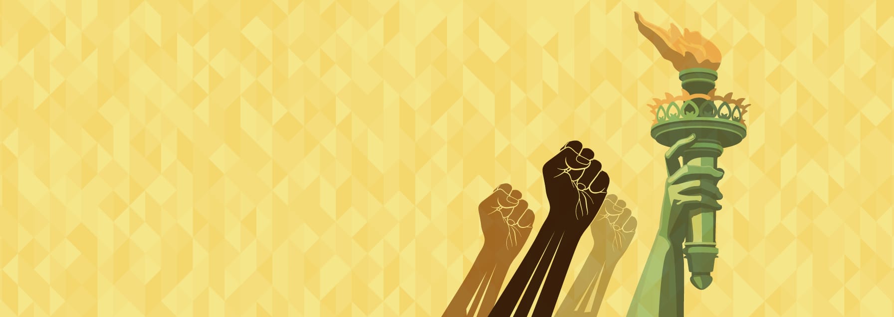 Diverse fists raised in protest alongside the Statue of Liberty's torch. The background is a yellow geometric pattern.