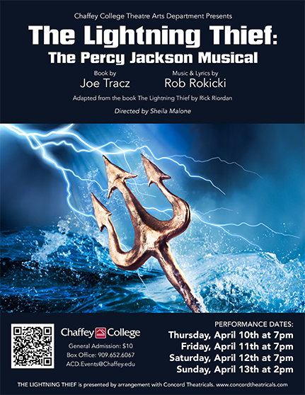 Promotional theatre poster for The Lightning Thief: The Percy Jackson Musical. Gold trident set against blue water and lightning