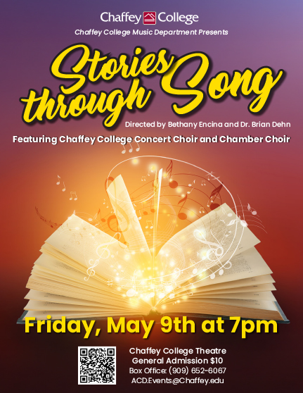 Event poster for Stories Through Song, directed by Bethany Encina and Dr. Brian Dehn. It features an open book, musical notes, and the date Friday, May 9th at 7pm.