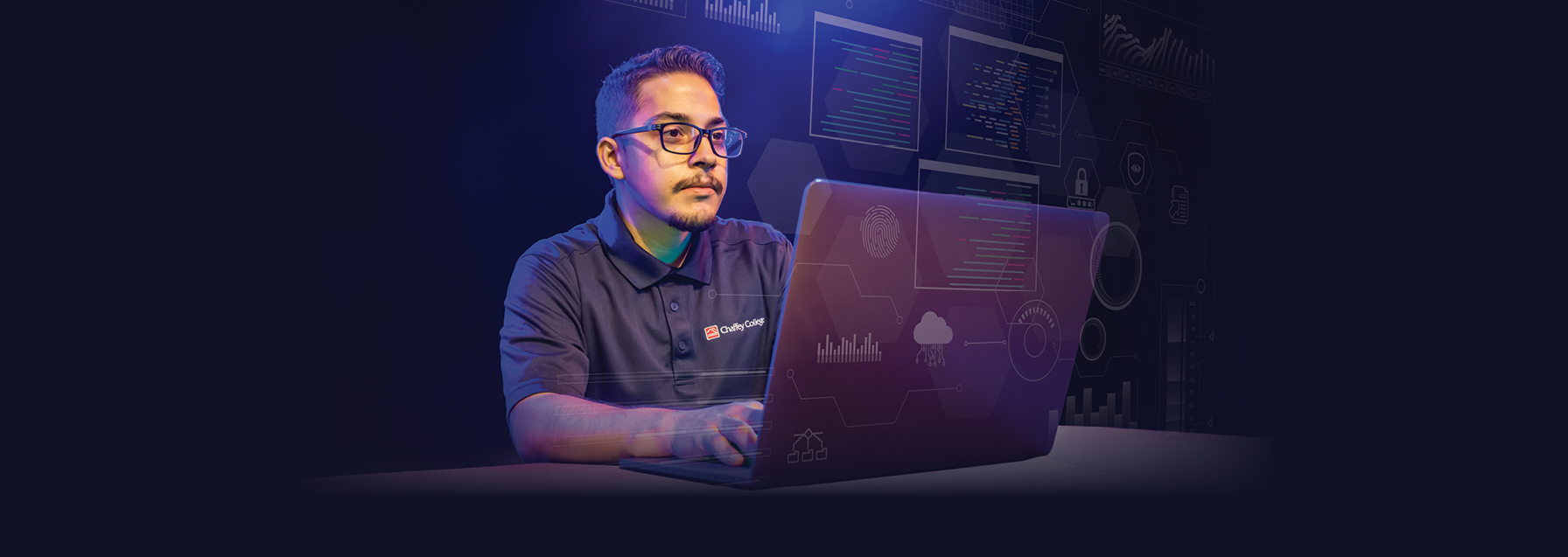 student on a computer with cyber graphics floating