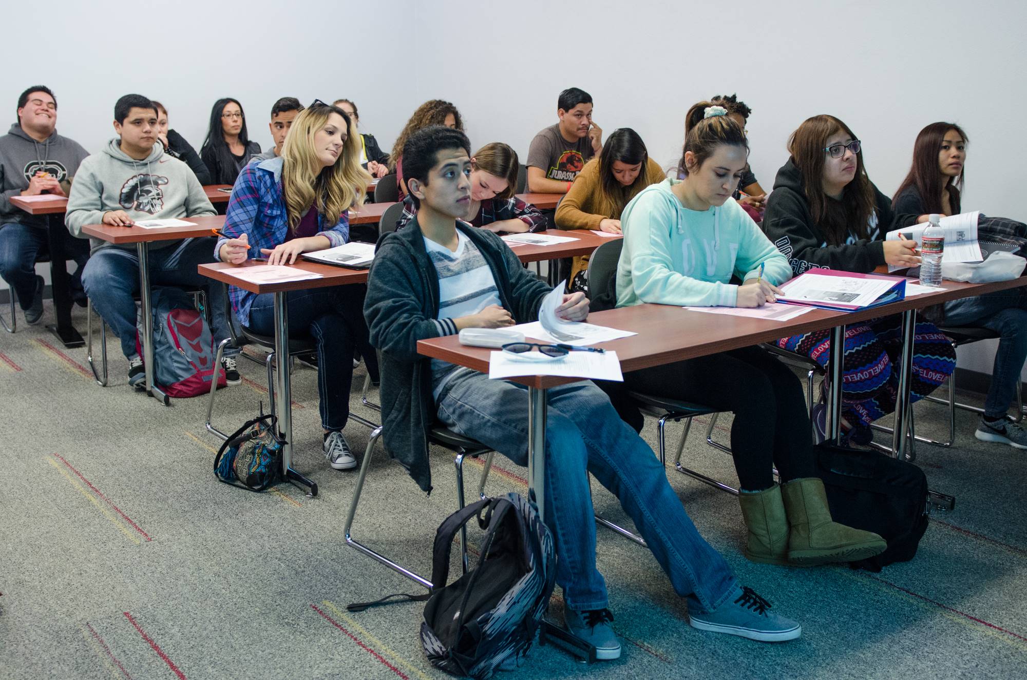 Students sit in a business class.