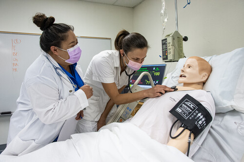 Students listening to chest of a mannequin in bed with Stethoscope