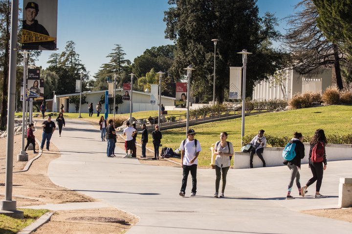 Students walk on campus.