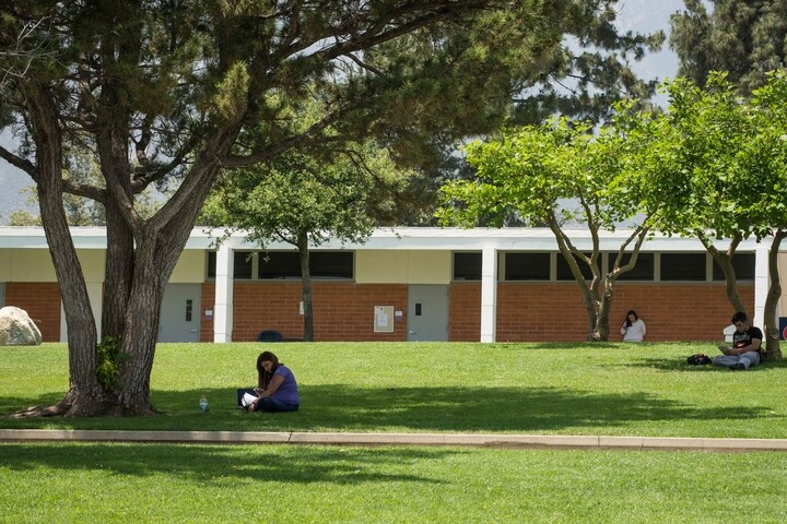 Students sitting on grass in front of Social Sience building