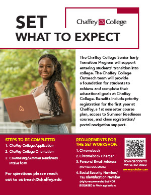 Senior Early Transition Program flyer shows a smiling student holding a laptop. Set what to Expect leads into workshop activities like profile creation and requirements like a Chromebook. Click for PDF
