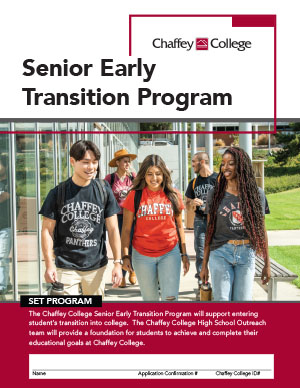 A group of smiling students walks together outside on a sunny day, with some wearing Chaffey College shirts. The image is part of a flyer for the Chaffey College Senior Early Transition Program, designed to support students entering college. 