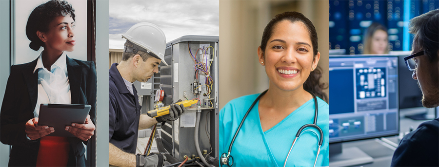 A business women, HVAC Technician, a nurse, an information technology professional 