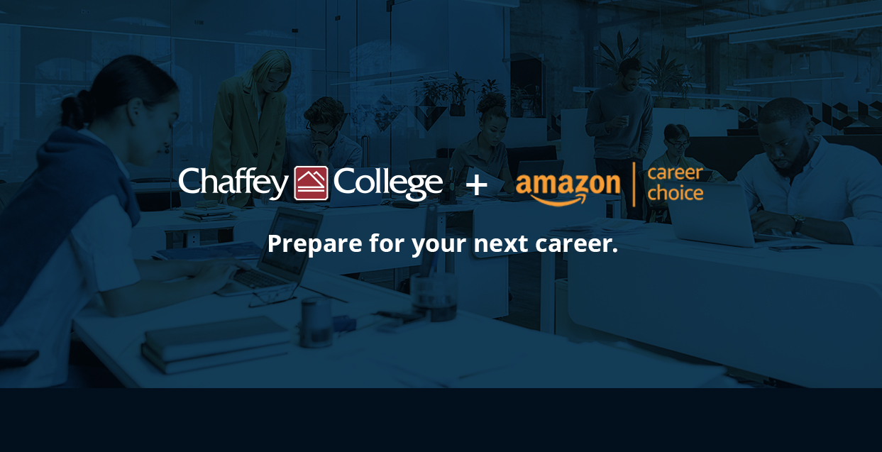 people working at computers in background. Chaffey College + Amazon Career choice logo