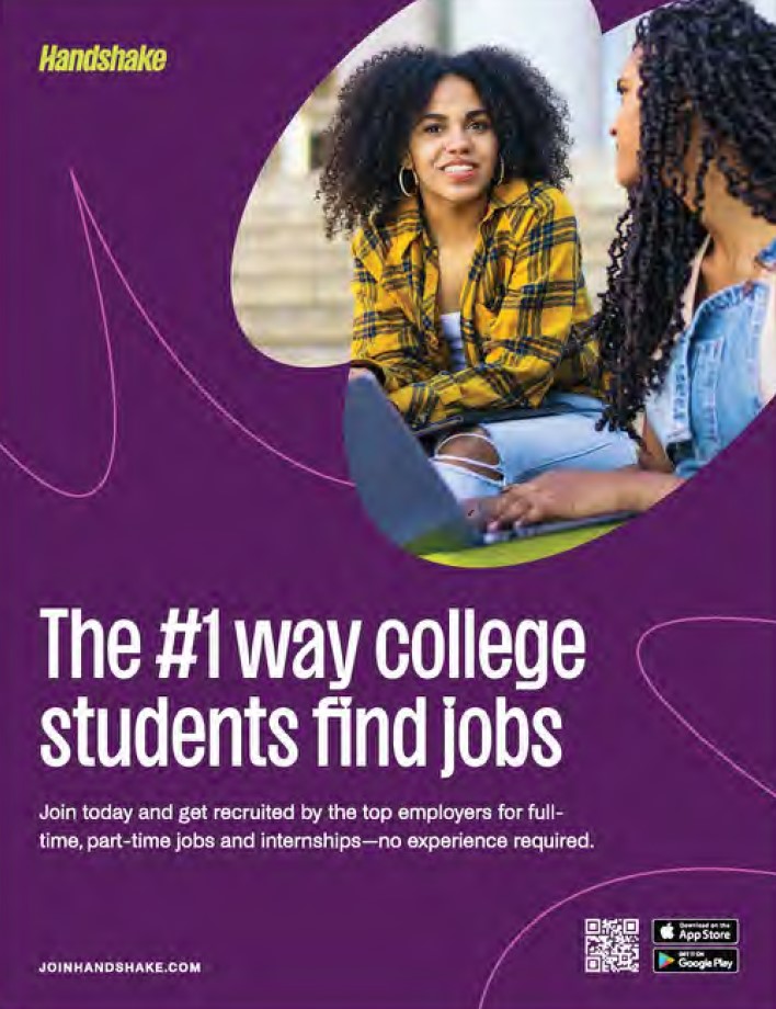 Two college students are talking, one wearing a yellow flannel and the other a denim jacket. Text on the left reads: Handshake. The #1 way college students find jobs
