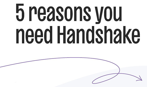 A decorative banner introduces the benefits of the Handshake application. The header reads 5 reasons you need Handshake, highlighted with a dynamic swoosh line.