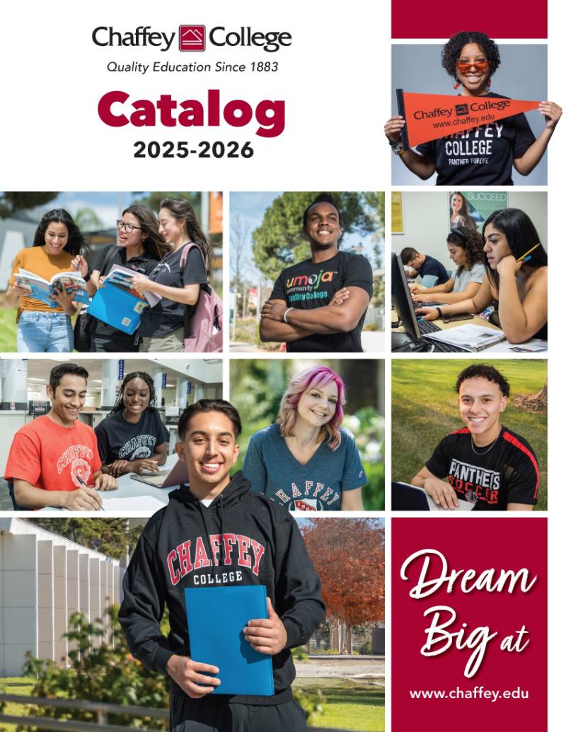 Catalog cover with diverse students. Catalog 2025-2026 is displayed with Dream Big at www.chaffey.edu