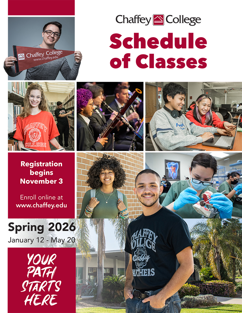 A promotional poster with smiling students represents Chaffey College's Spring 2026 schedule. Text elements say, Schedule of Classes and Your Path Starts Here.