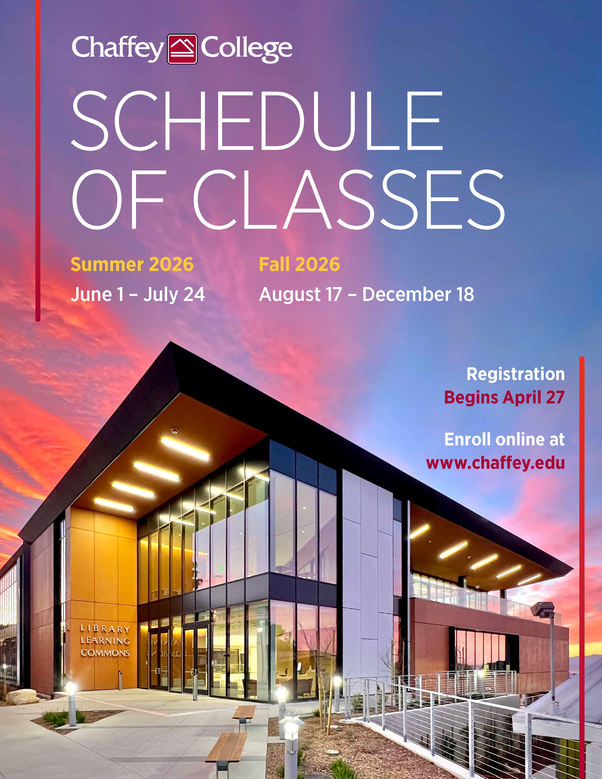 The cover of the summer 2026 and fall 2026 Chaffey College schedule of classes with an image of the new Rancho campus Library Learning Commons building.