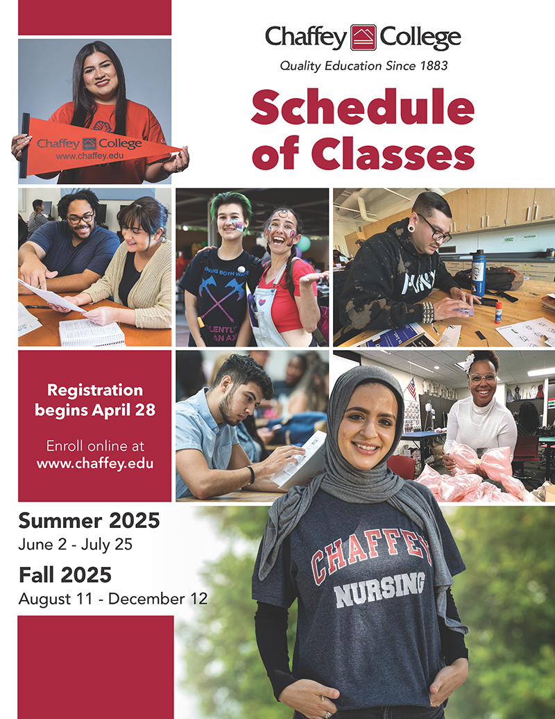 Students in different academic settings. Text on the image reads: Schedule of Classes Registration begins April 28