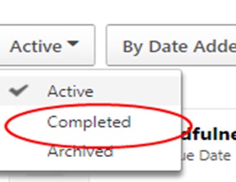 A dropdown menu on a website displays a list of sorting options for tasks. Completed is highlighted, and sits beneath Active.