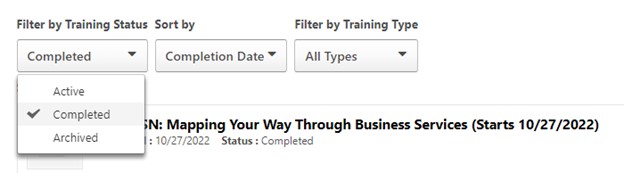 A filter section on a website for training, where the training status is set to "Completed"