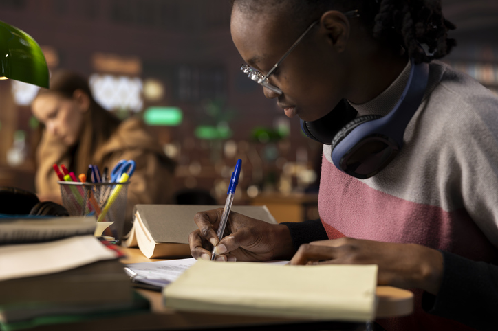 A student wearing glasses and headphones writes at a desk