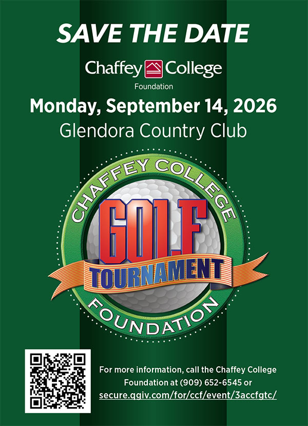 A golf club and ball on grass advertise SAVE THE DATE for the Chaffey College Foundation Golf Tournament on Monday, September 14, 2026 at Glendora Country Club.