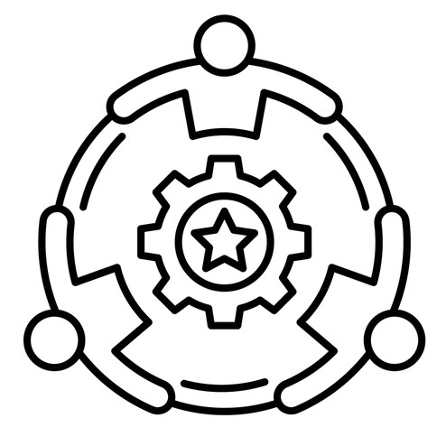Corporate teamwork synergy with people holding hands around gear and star line icon