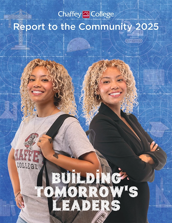 A college report cover shows a student dressed in casual and professional attire. The text reads, Chaffey College Report to the Community 2025, Building Tomorrow's Leaders.