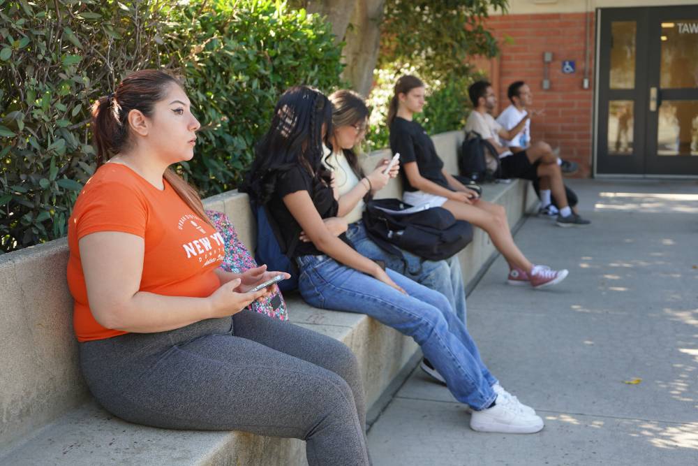 Students wait for class on the first day of fall semester 2025 at Chaffey College.