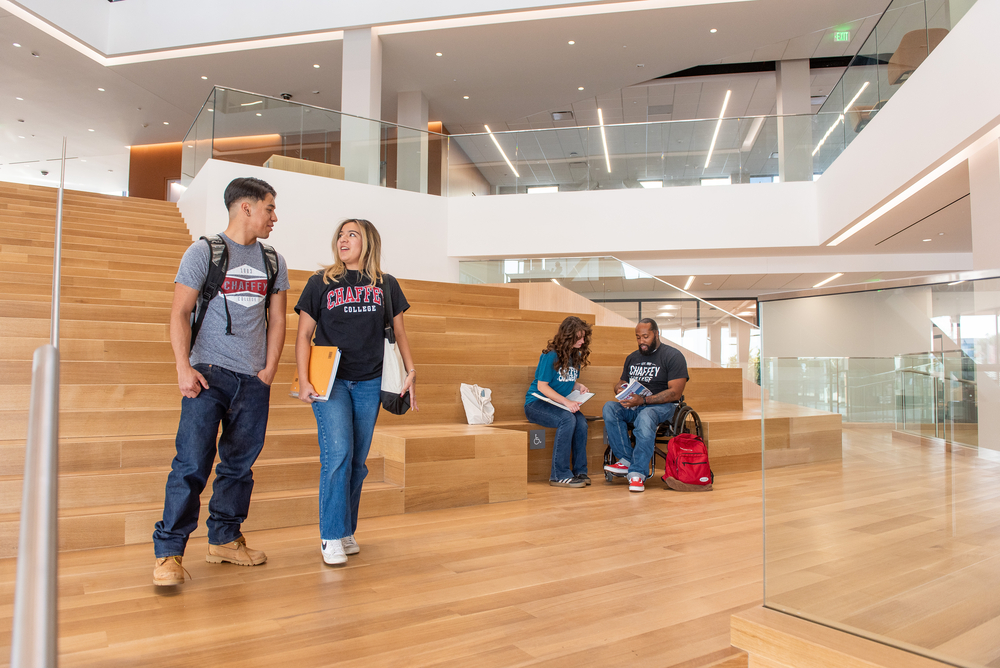 Students stand at the Library Learning Commons having a discussion.