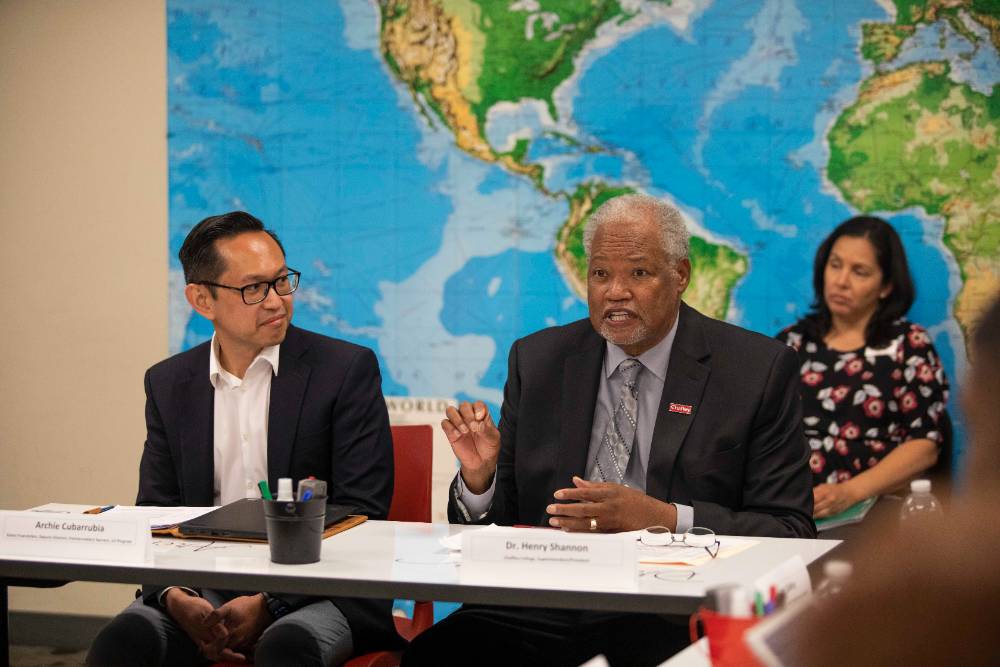 Chaffey College Superintendent/President Henry Shannon participates in a discussion with Bill Gates and other campus leaders about higher education initiatives.