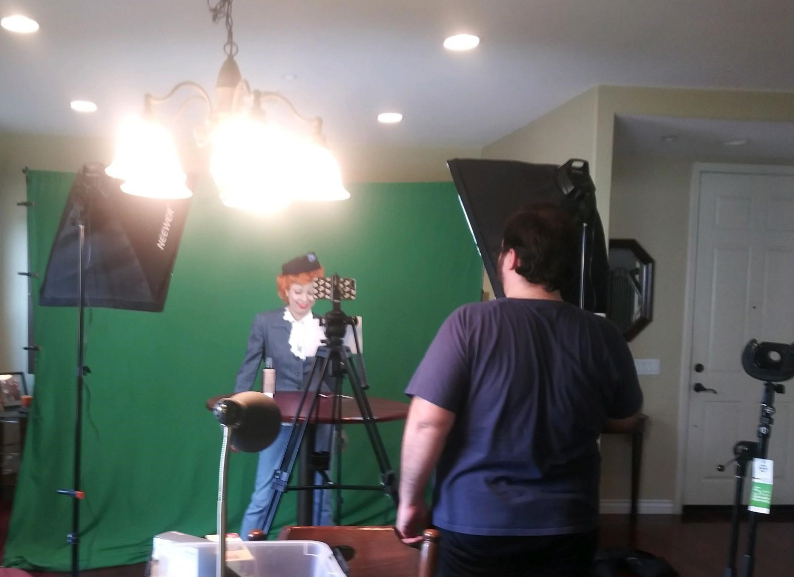 A student films her role as Lucille Ball at home.