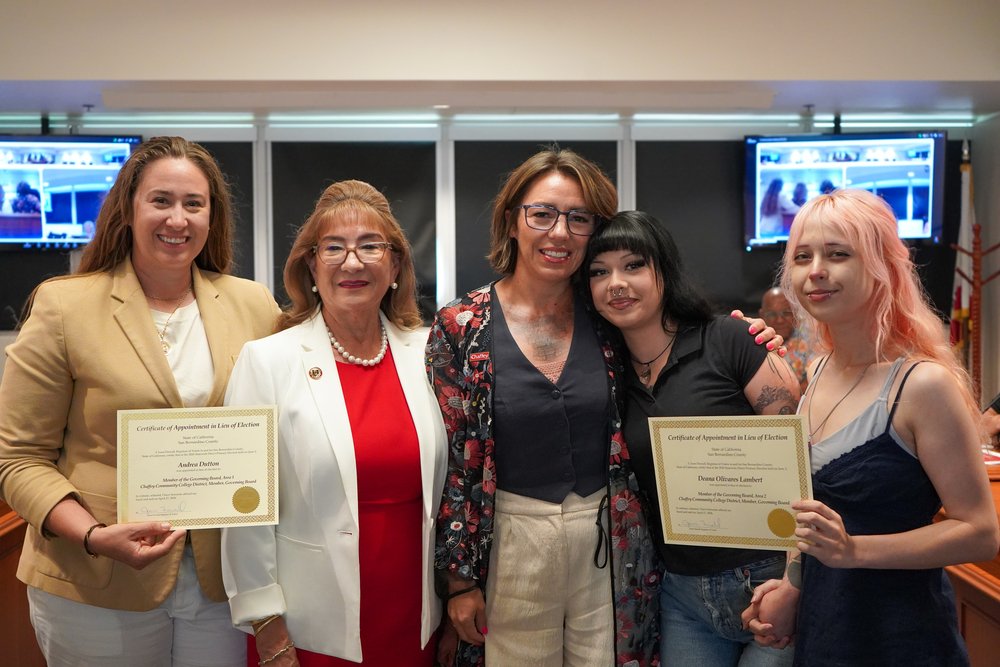 Governing Board Reorganization Dr. Deana Olivares-Lambert, Andrea Dutton and members of their family pose together after the pair took the oath of office.