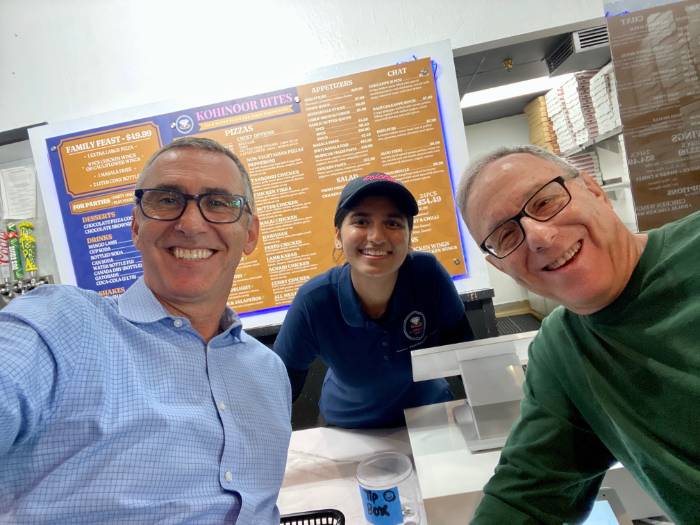 Thierry Brusselle, Jasleen Kaur and David Karp take a selfie at Kaur's family business Kohinoor Bites.