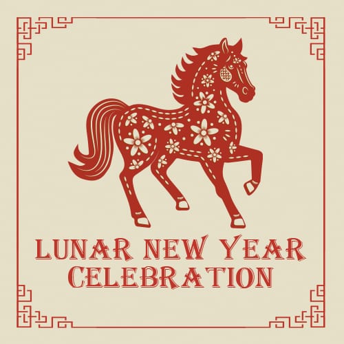 A red, floral-patterned horse illustration on a cream background with an ornate border. LUNAR NEW YEAR CELEBRATION.