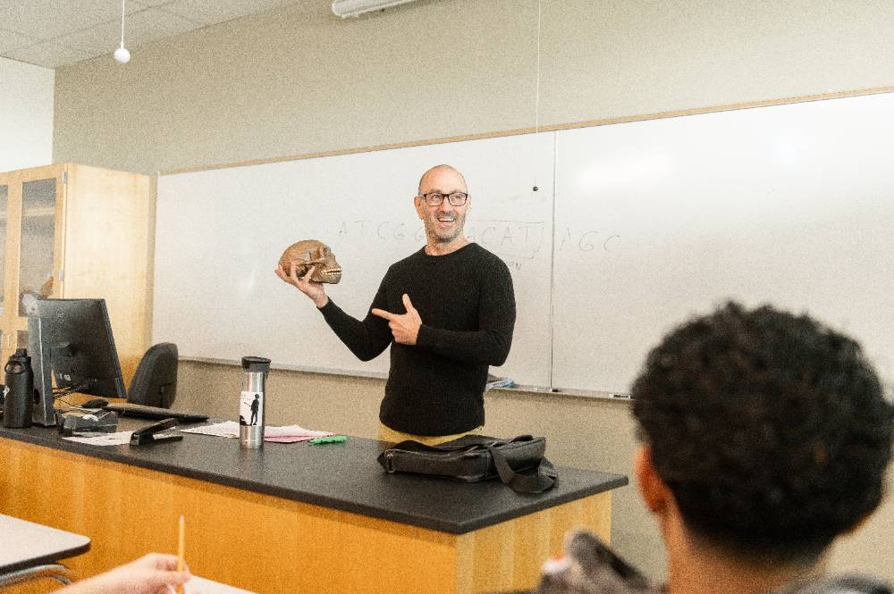 Marc Meyer holds a skull in an anthropology class.