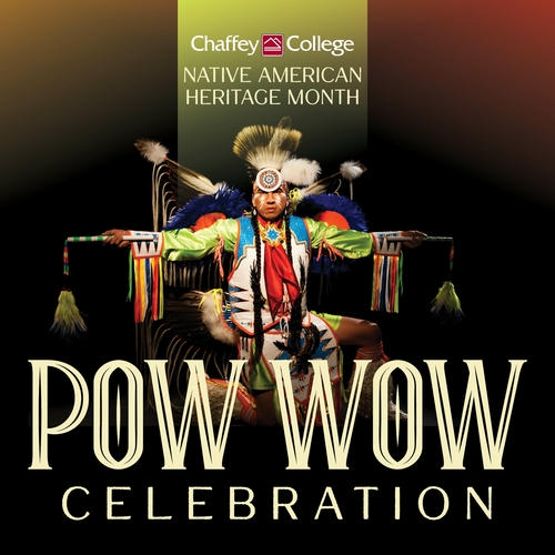 Chaffey College celebrates Native American Heritage month with a Pow Wow Celebration. A dancer is kneeling in regalia with a feathered bustle and headdress.
