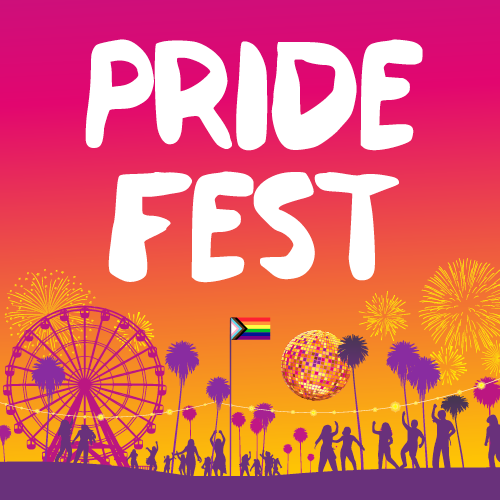 PRIDE FEST white text over a vibrant pink and orange sky. A purple silhouette depicts a lively festival with a Ferris wheel, disco ball, dancing people, and a Pride flag.