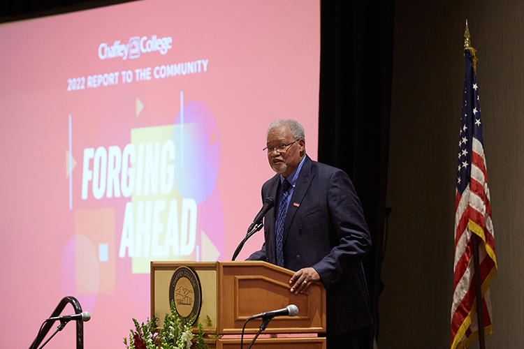 Chaffey College Superintendent/President Dr. Henry Shannon speaking at the podium