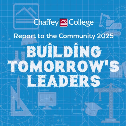 A blue illustration showing the cover of the Chaffey College Report to the Community 2025 document. The text reads Building Tomorrow's Leaders on a blue blueprint background.