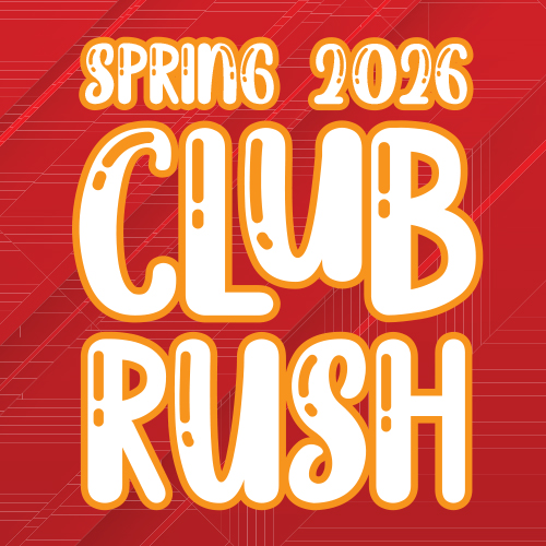 A vibrant red graphic features SPRING 2026 CLUB RUSH in playful white and orange outlined text.