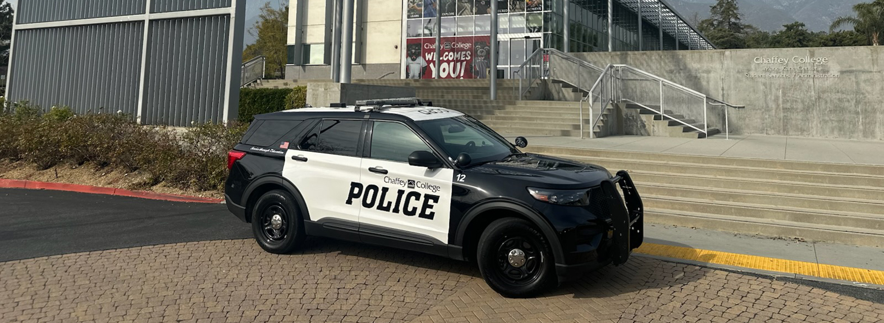 Police patrol vehicle in front of fontana campus