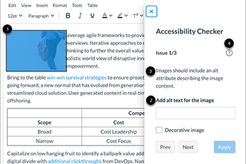 An Accessibility Checker dialog box overlays a document editor, highlighting an image. It prompts, Add alt text for the image, displaying Issue 1/3 and instructing, Images should include an alt attribute describing the image content.