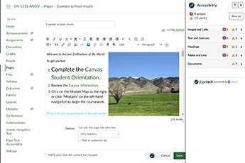 An LMS page editor shows Complete the Canvas Student Orientation and a mountain landscape image. An accessibility checker on the right flags 4 errors, 15 alerts for Images, Text, and Headings.