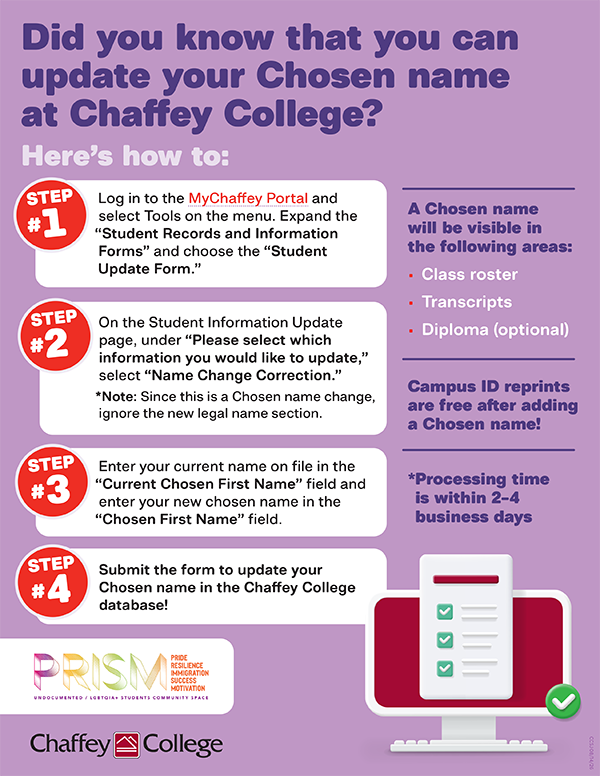 Update your chosen name at Chaffey College flyer