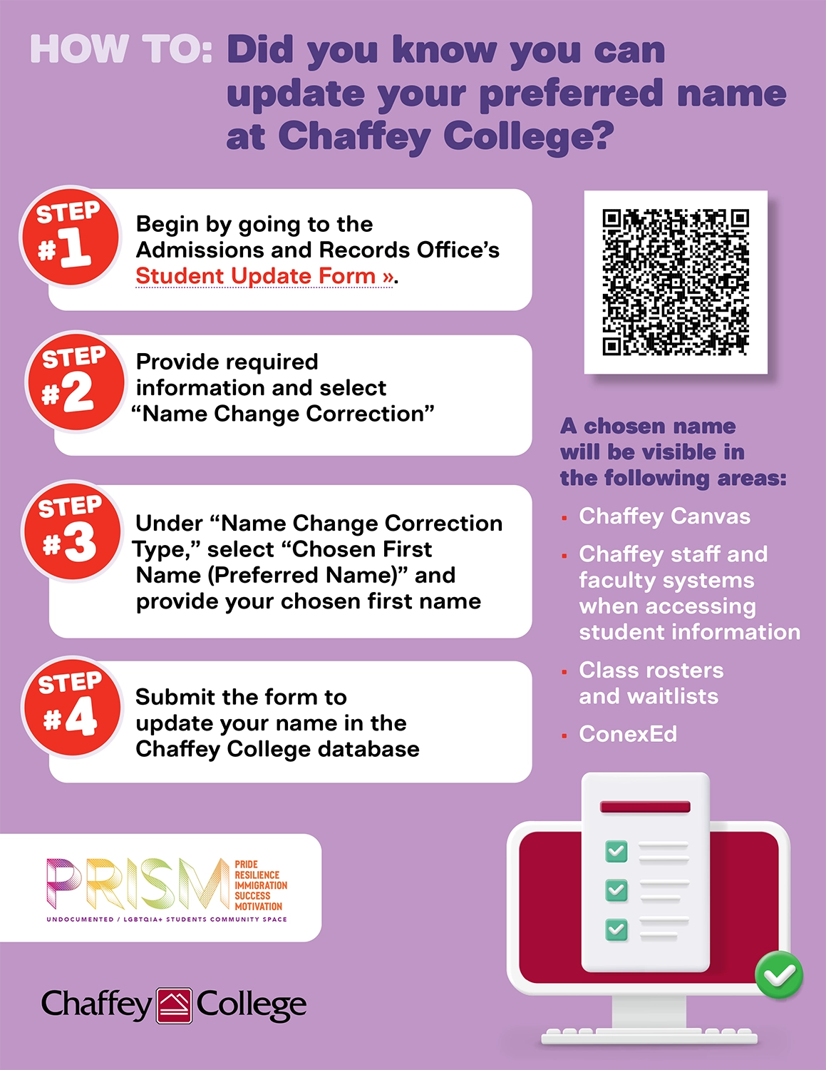 Instructions for updating a preferred name at Chaffey College, featuring a four-step process with a QR code. The steps include accessing the Student Update Form, selecting "Name Change Correction," providing a chosen first name, and submitting the form. The preferred name will be visible in areas like Chaffey Canvas and class rosters. The background is purple with Chaffey College and PRISM logos. PDF format available.