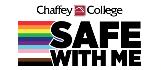 The words SAFE WITH ME are styled against a rainbow and progress pride flag.