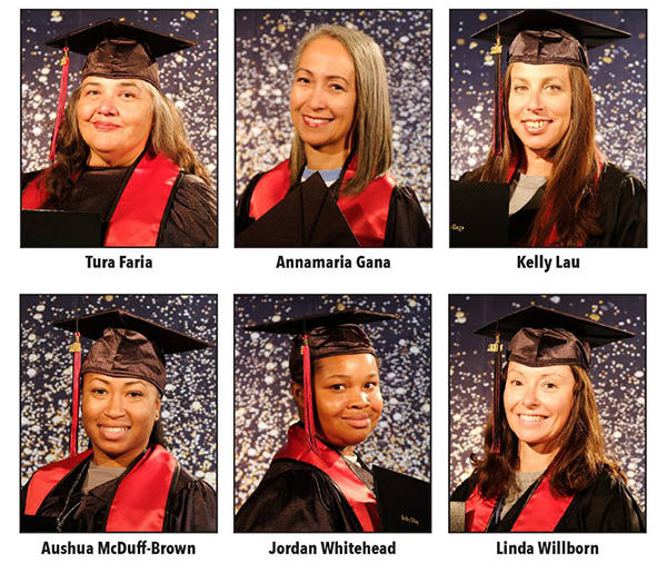Six headshots of graduates wearing caps and gowns are displayed in a grid format with names labeled below: Tura Faria, Annamaria Gana, Kelly Lau, Aushua McDuff-Brown, Jordan Whitehead, Linda Willborn.